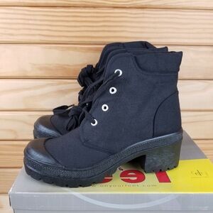 Black Canvas Combat Military Biker Moto Ankle Boots Lace up 8 US NEW Block Heel